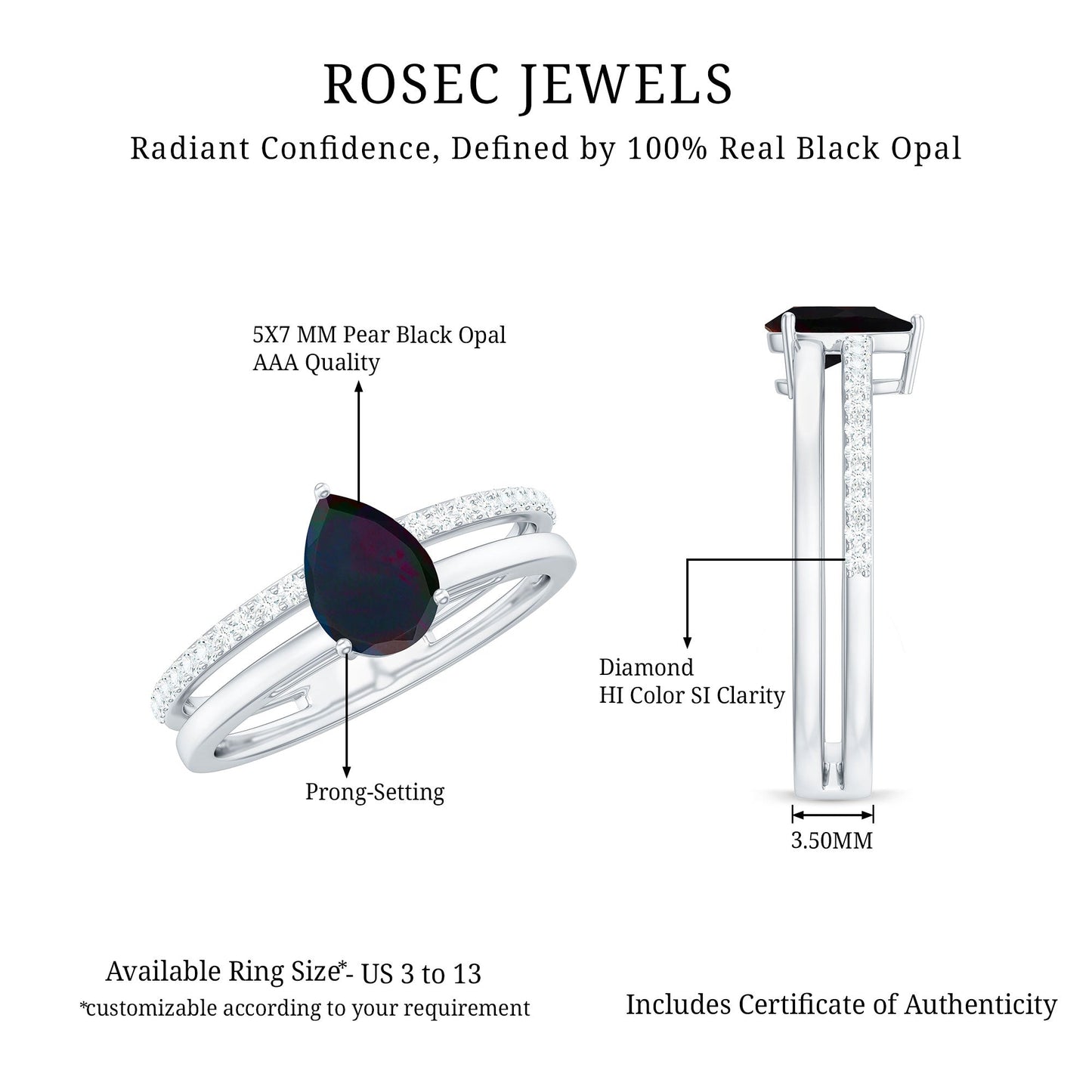 Pear Cut Black Opal and Diamond Double Band Engagement Ring