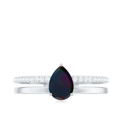 Pear Cut Black Opal and Diamond Double Band Engagement Ring