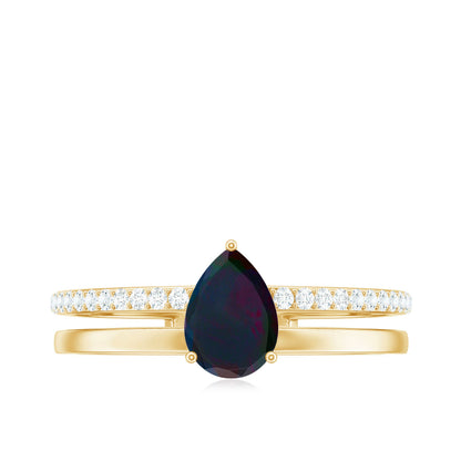 Pear Cut Black Opal and Diamond Double Band Engagement Ring