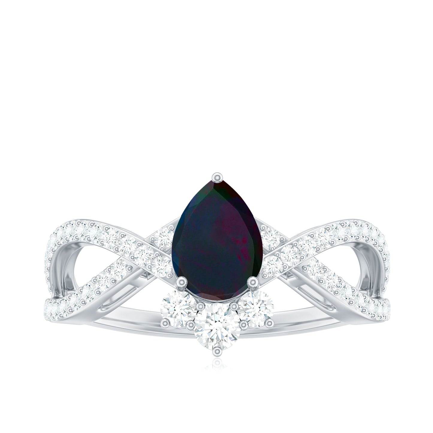 Designer Black Opal Teardrop Crossover Ring with Diamond