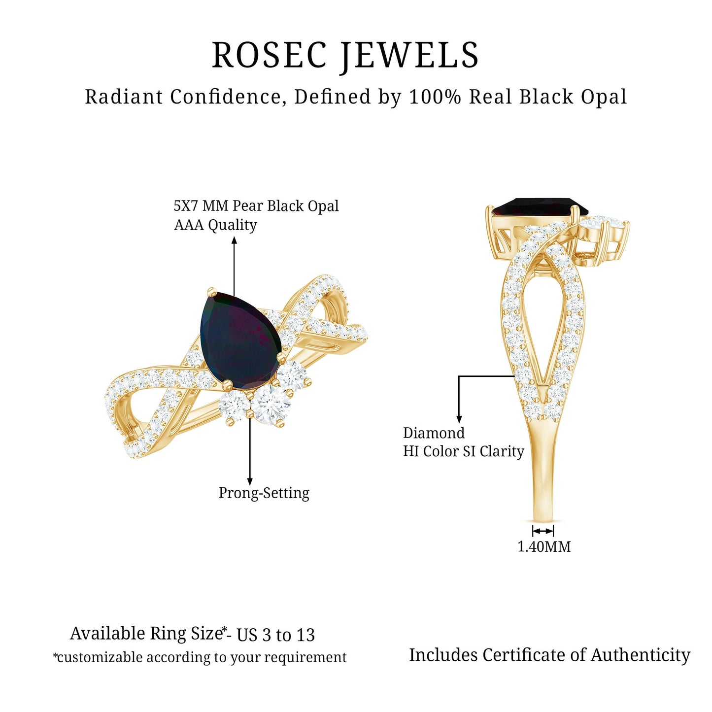 Designer Black Opal Teardrop Crossover Ring with Diamond
