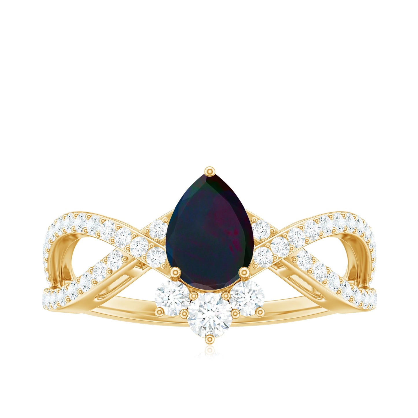 Designer Black Opal Teardrop Crossover Ring with Diamond