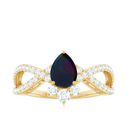 Designer Black Opal Teardrop Crossover Ring with Diamond