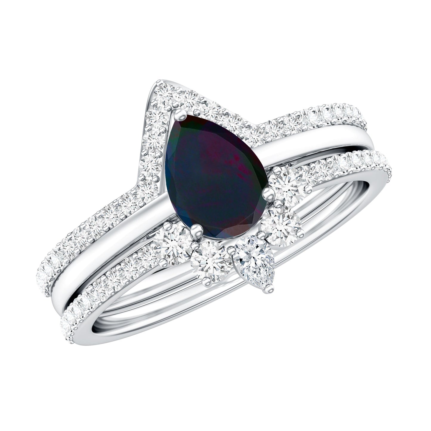 Natural Black Opal Bridal Ring Set With Moissanite