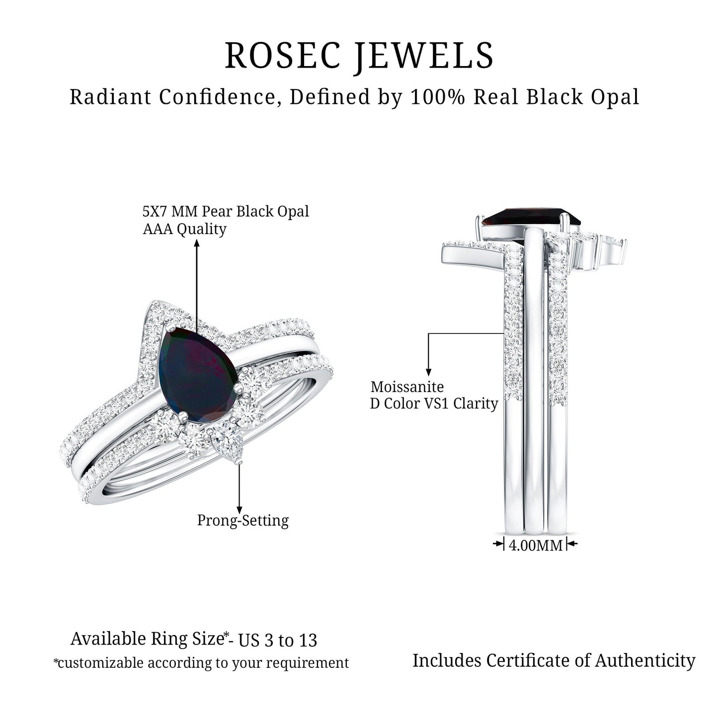 Natural Black Opal Bridal Ring Set With Moissanite