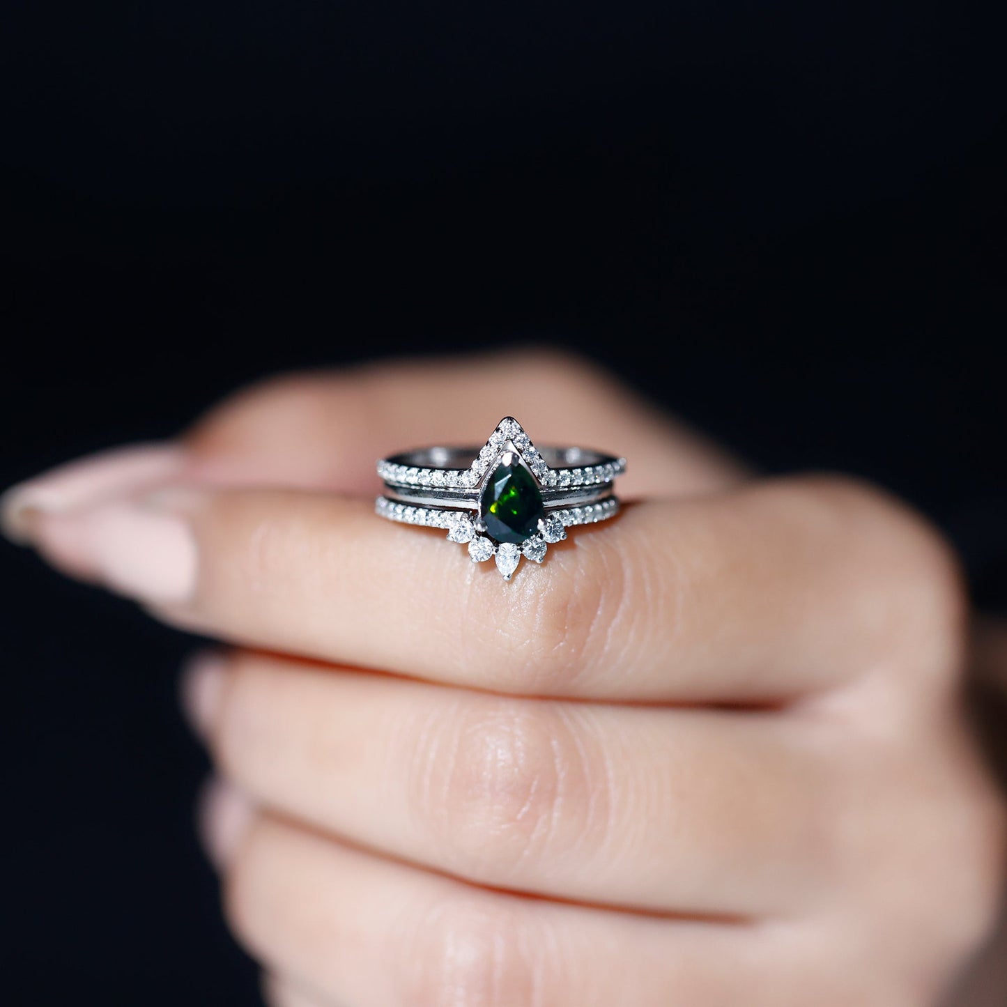 Natural Black Opal Bridal Ring Set With Moissanite