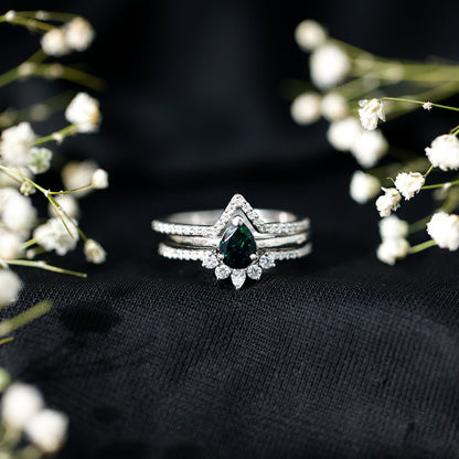 Natural Black Opal Bridal Ring Set With Moissanite
