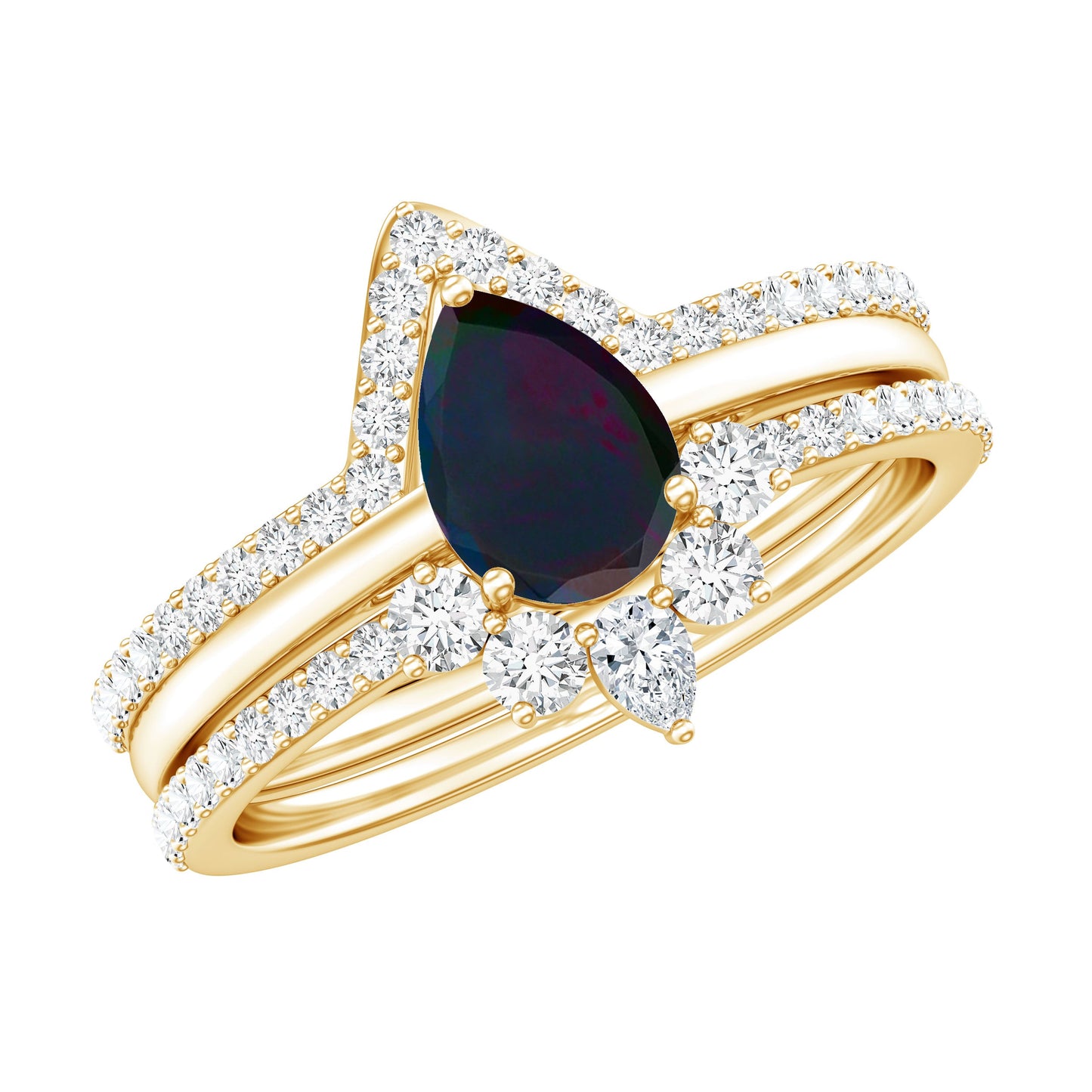 Natural Black Opal Bridal Ring Set With Moissanite