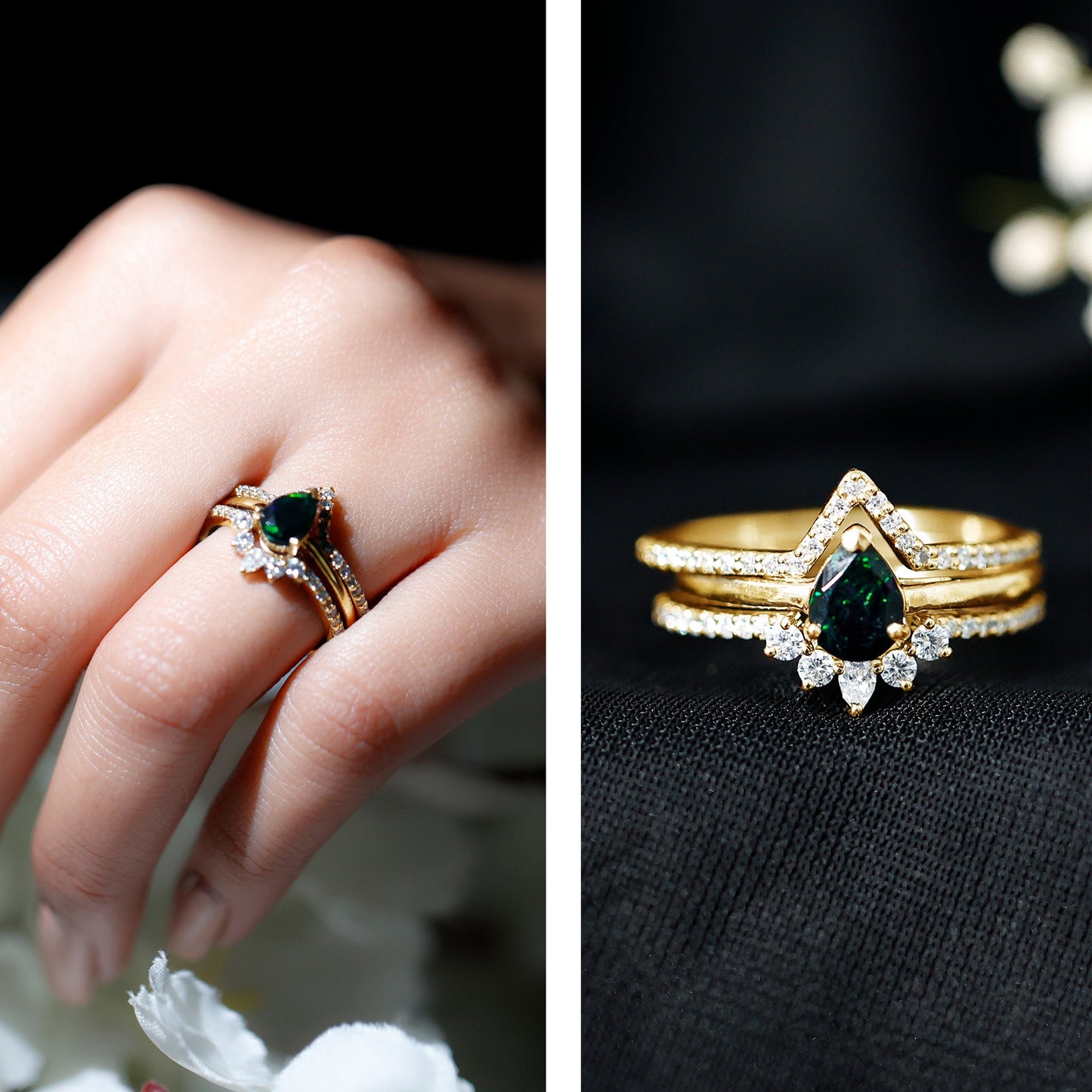 Natural Black Opal Bridal Ring Set With Moissanite
