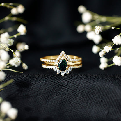 Natural Black Opal Bridal Ring Set With Moissanite