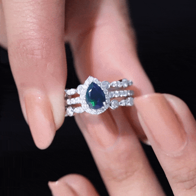 0.7 Carat Pear Cut Black Opal Trio Wedding Ring Set with Moissanite