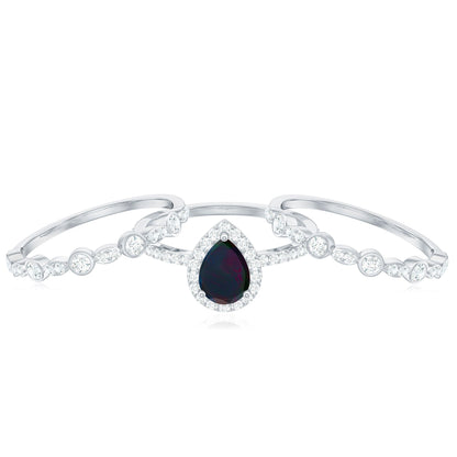 0.7 Carat Pear Cut Black Opal Trio Wedding Ring Set with Moissanite
