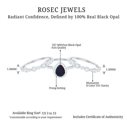 0.7 Carat Pear Cut Black Opal Trio Wedding Ring Set with Moissanite