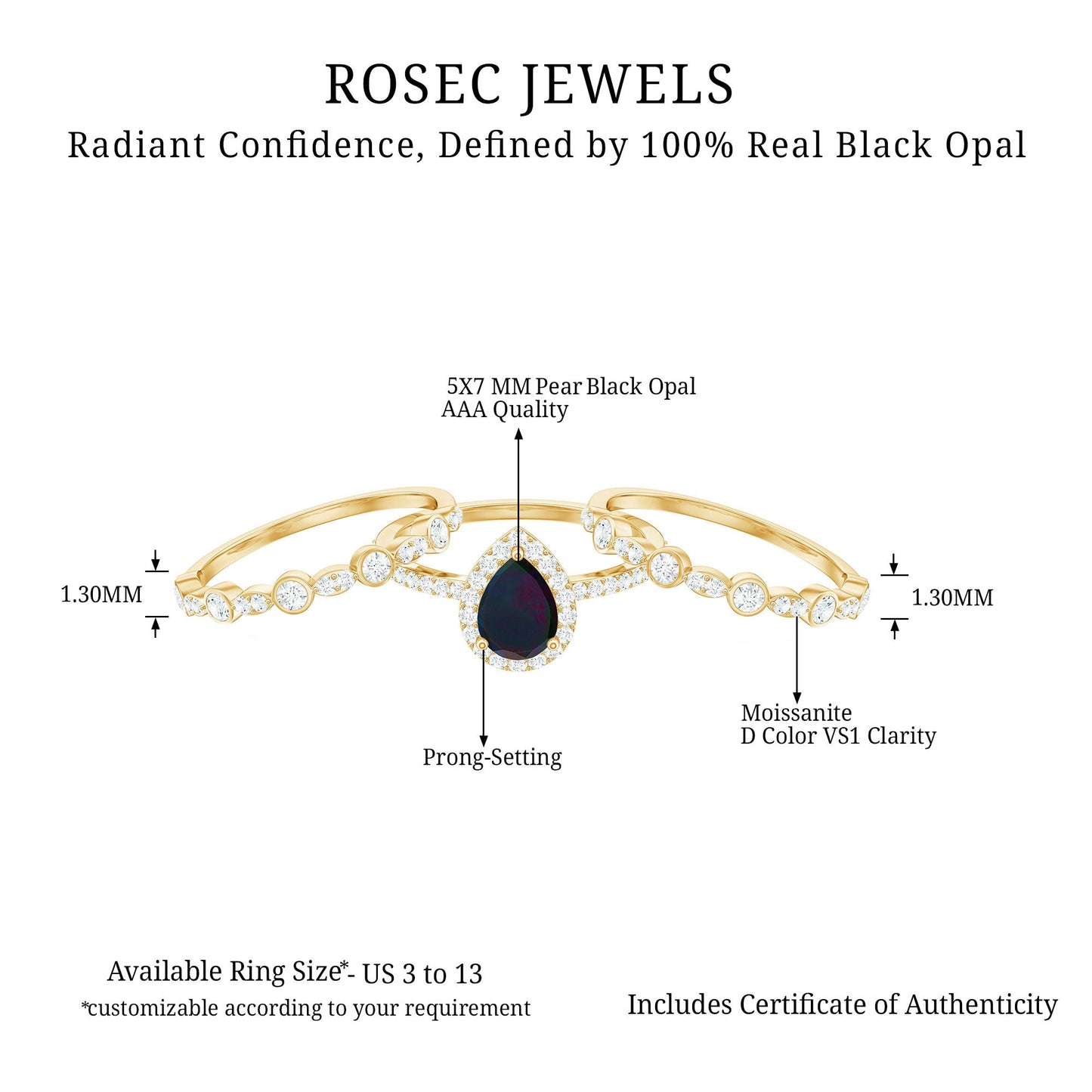 0.7 Carat Pear Cut Black Opal Trio Wedding Ring Set with Moissanite