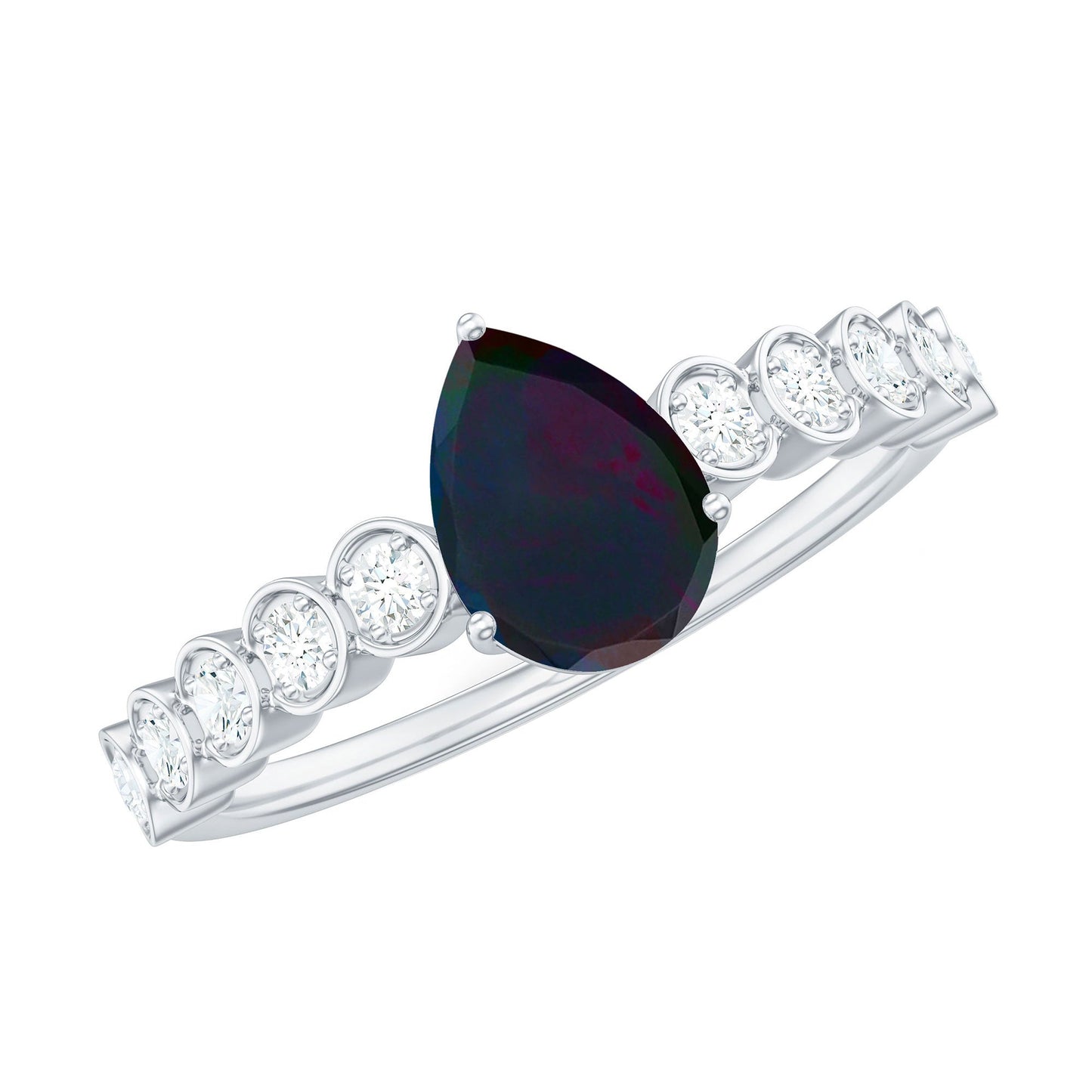 Pear Cut Black Opal and Diamond Side Stone Engagement Ring