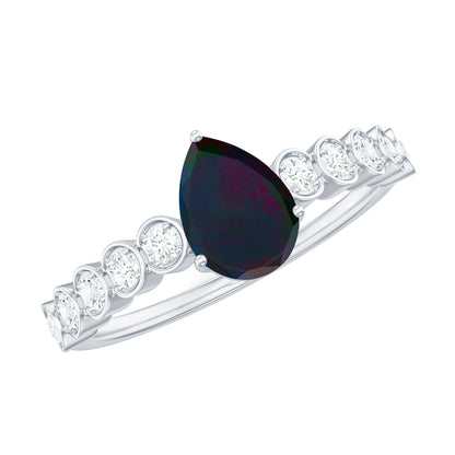 Pear Cut Black Opal and Diamond Side Stone Engagement Ring