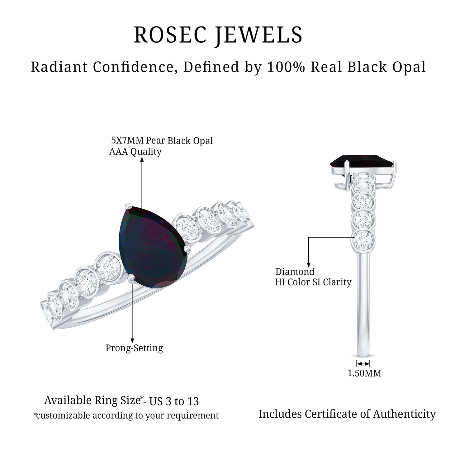 Pear Cut Black Opal and Diamond Side Stone Engagement Ring
