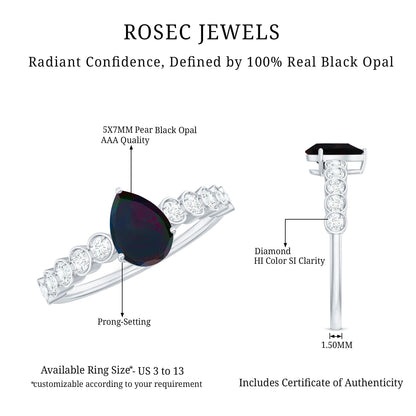 Pear Cut Black Opal and Diamond Side Stone Engagement Ring