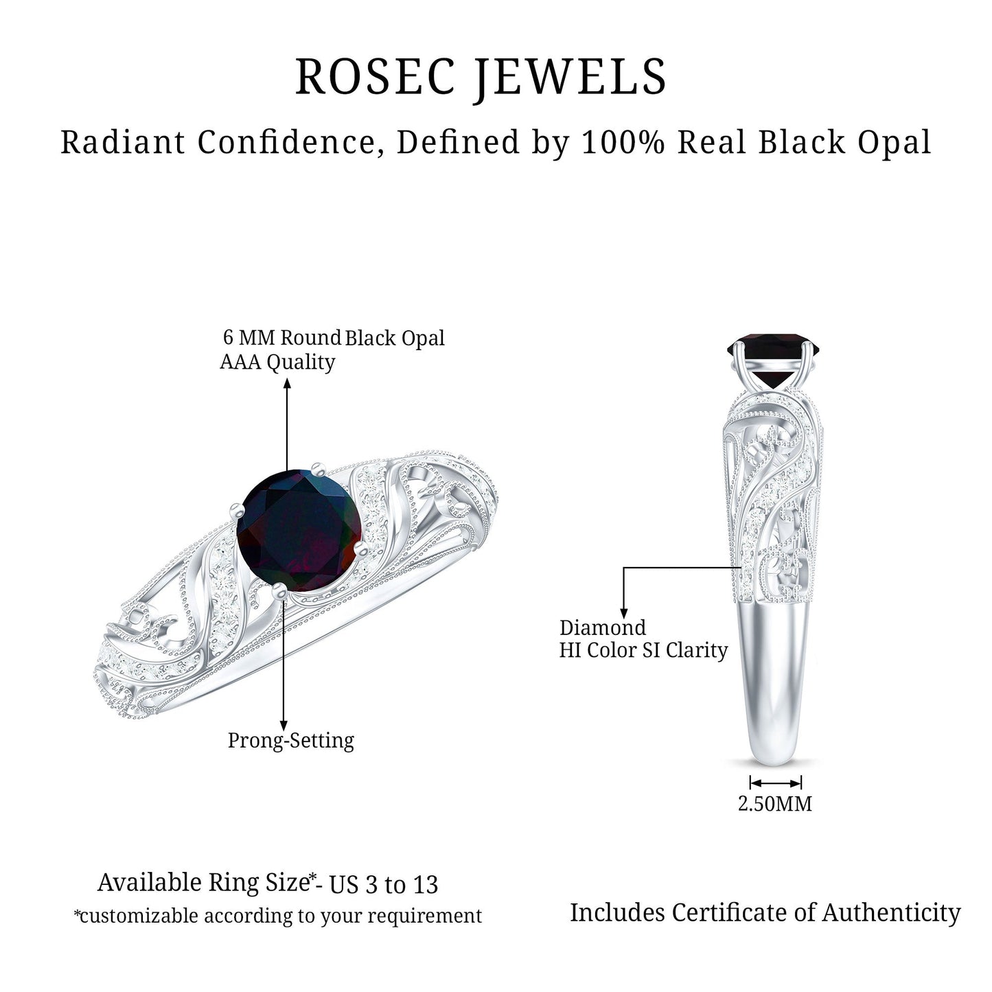 Natural Black Opal Vintage Inspired Engagement Ring