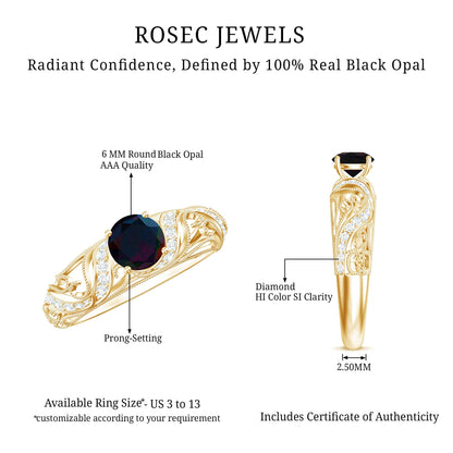 Natural Black Opal Vintage Inspired Engagement Ring