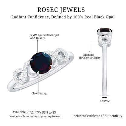 Round Black Opal Criss Cross Promise Ring with Diamond