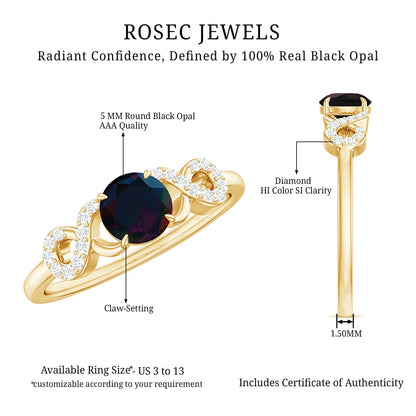 Round Black Opal Criss Cross Promise Ring with Diamond