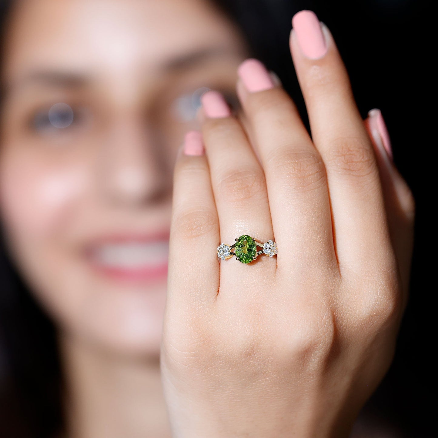 1 Carat Oval Cut Peridot Flower Engagement Ring with Diamonds
