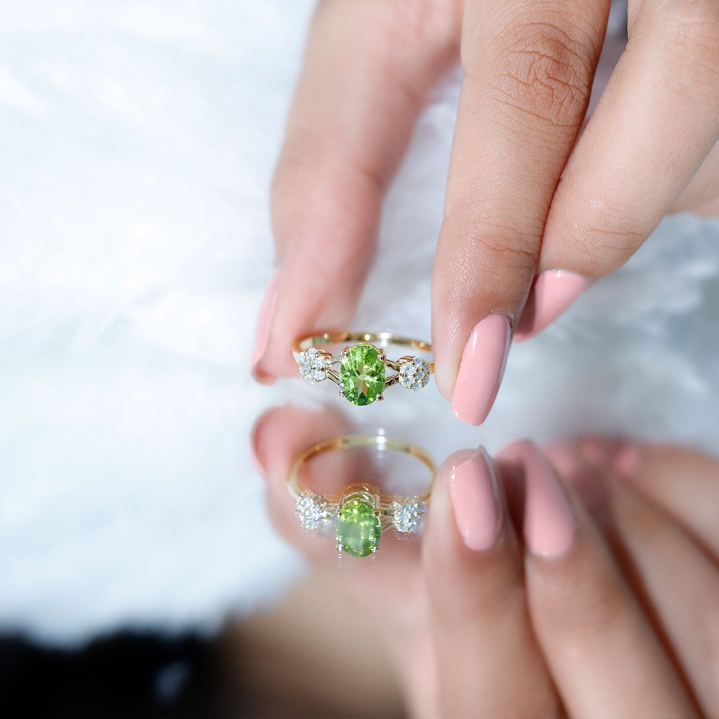 1 Carat Oval Cut Peridot Flower Engagement Ring with Diamonds