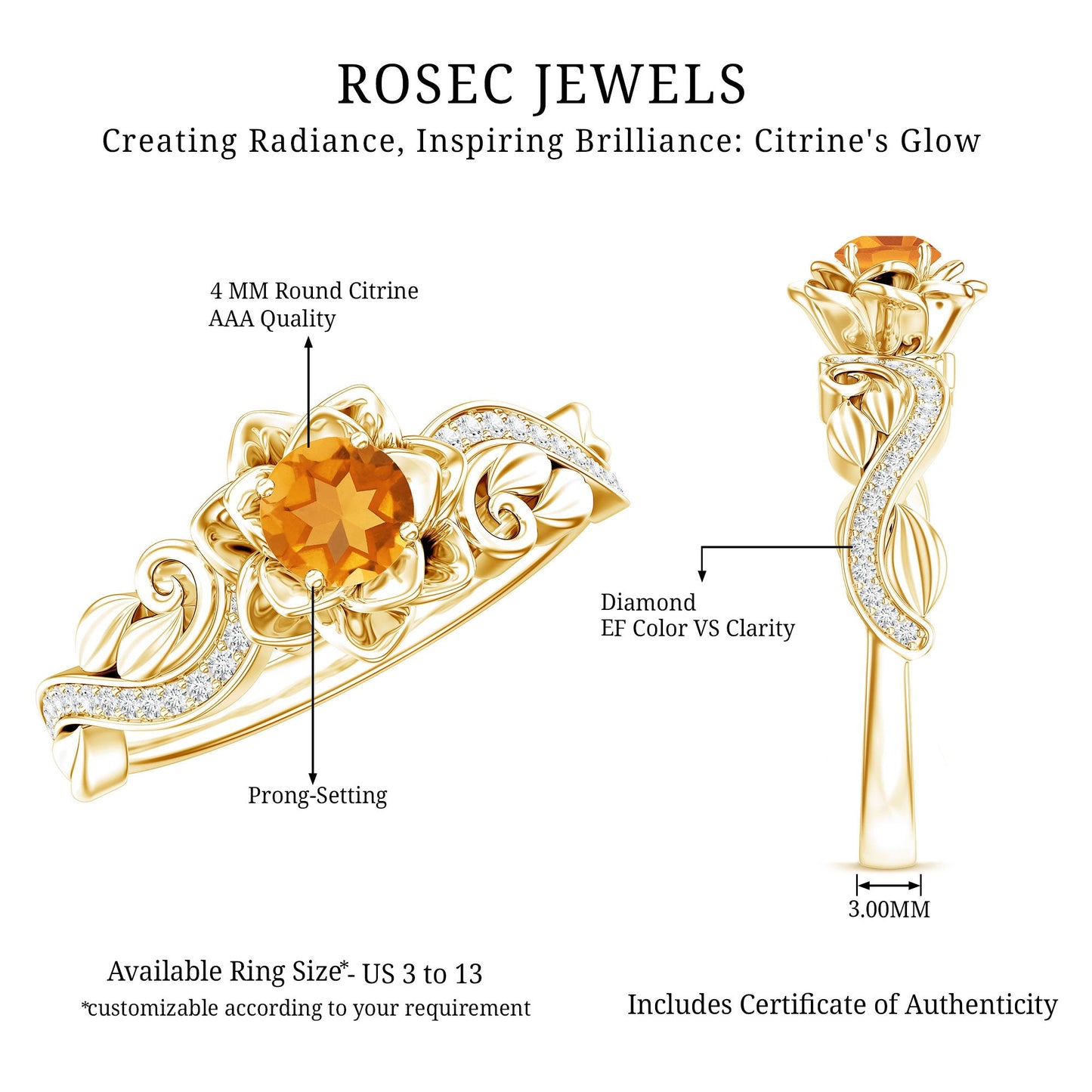 Genuine Citrine Rose Engagement Ring with Diamonds