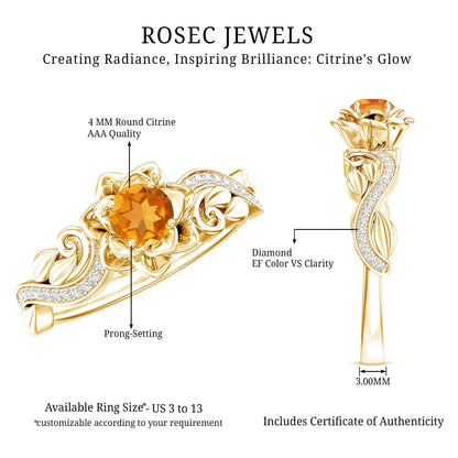 Genuine Citrine Rose Engagement Ring with Diamonds
