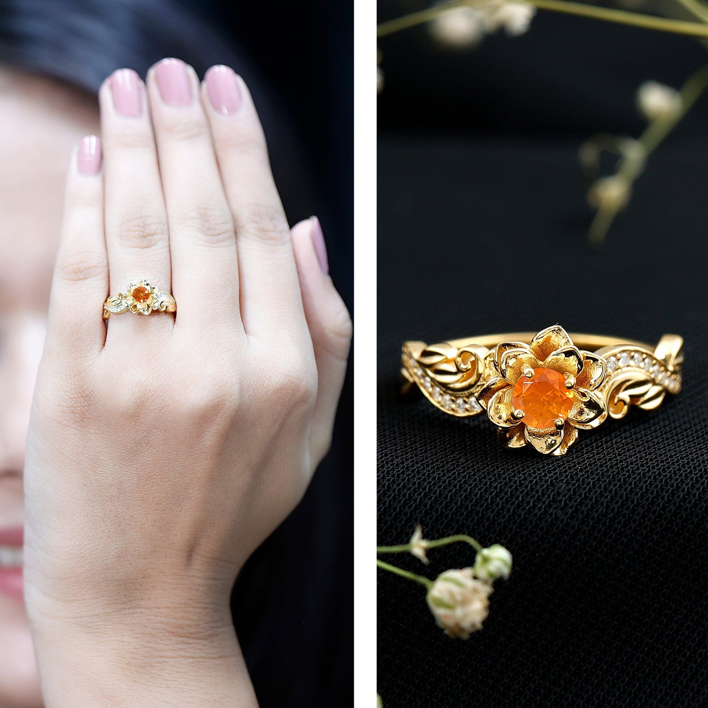 Genuine Citrine Rose Engagement Ring with Diamonds