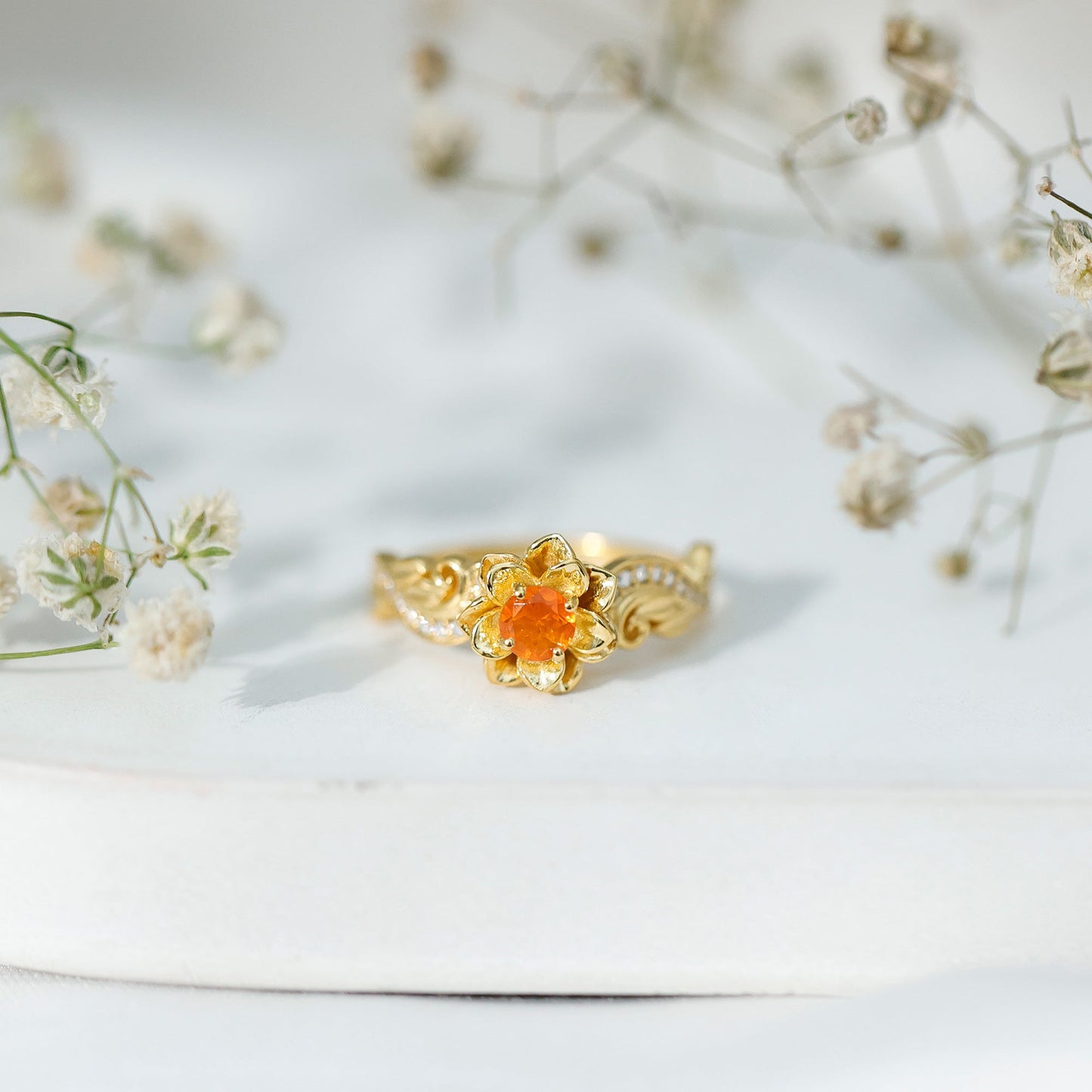 Genuine Citrine Rose Engagement Ring with Diamonds