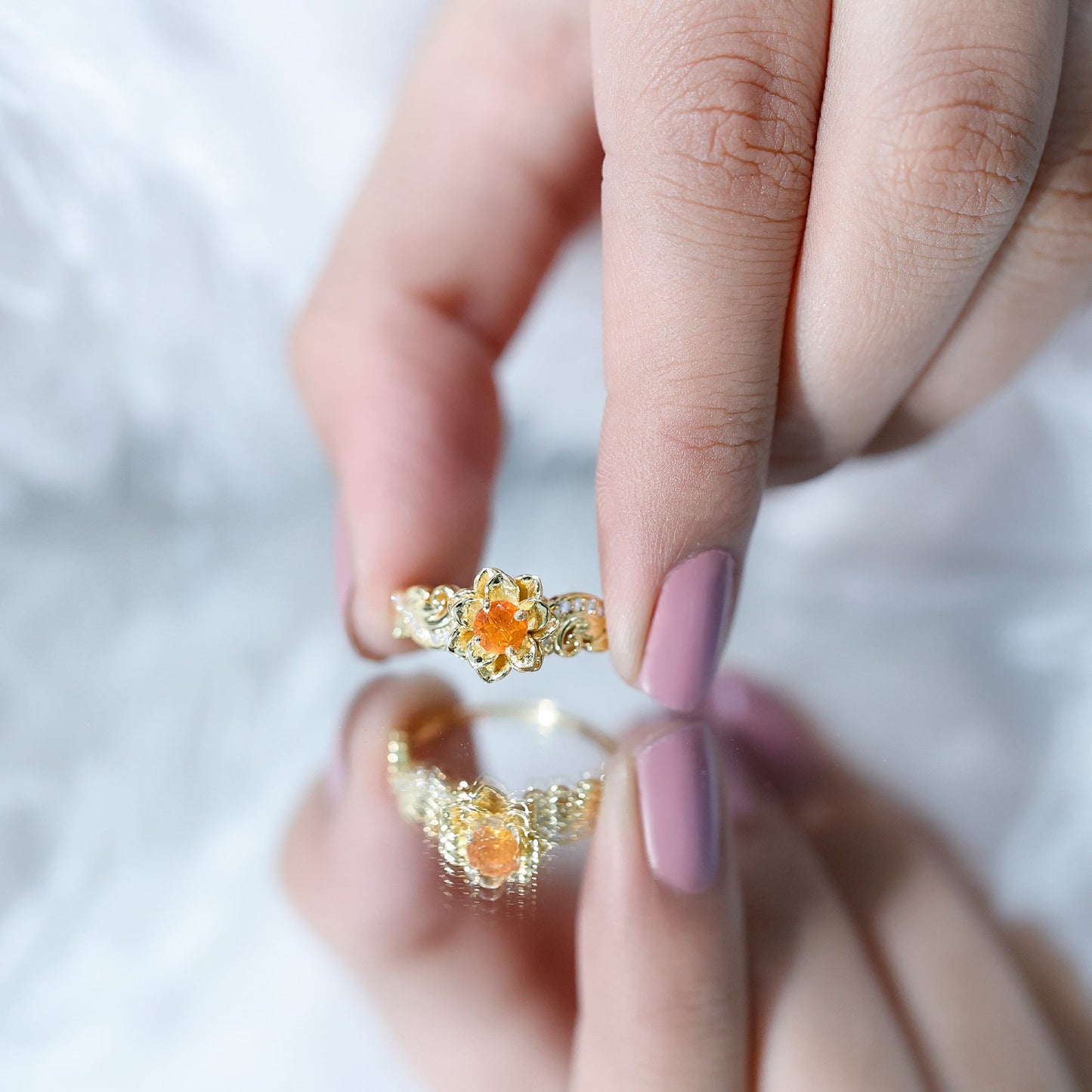 Genuine Citrine Rose Engagement Ring with Diamonds