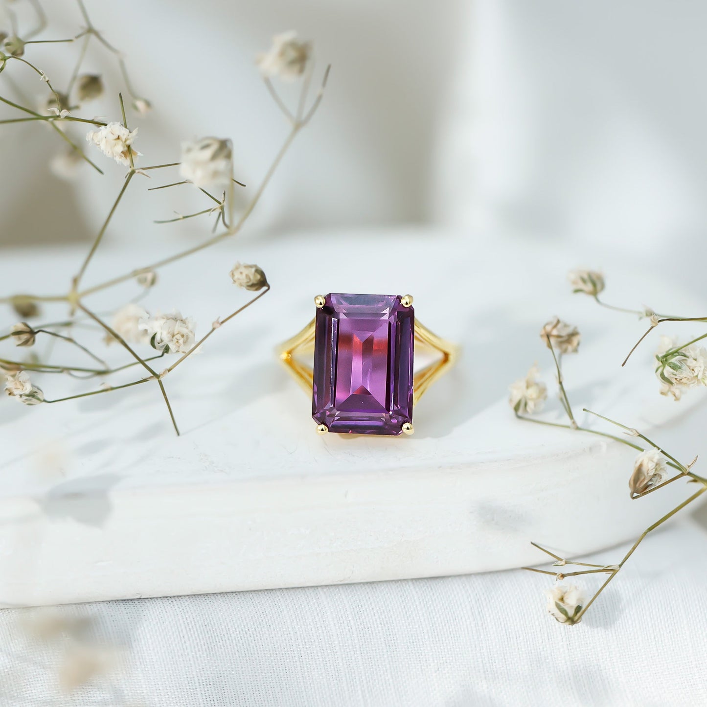 8 Carat Lab Grown Alexandrite Emerald Cut Engagement Ring