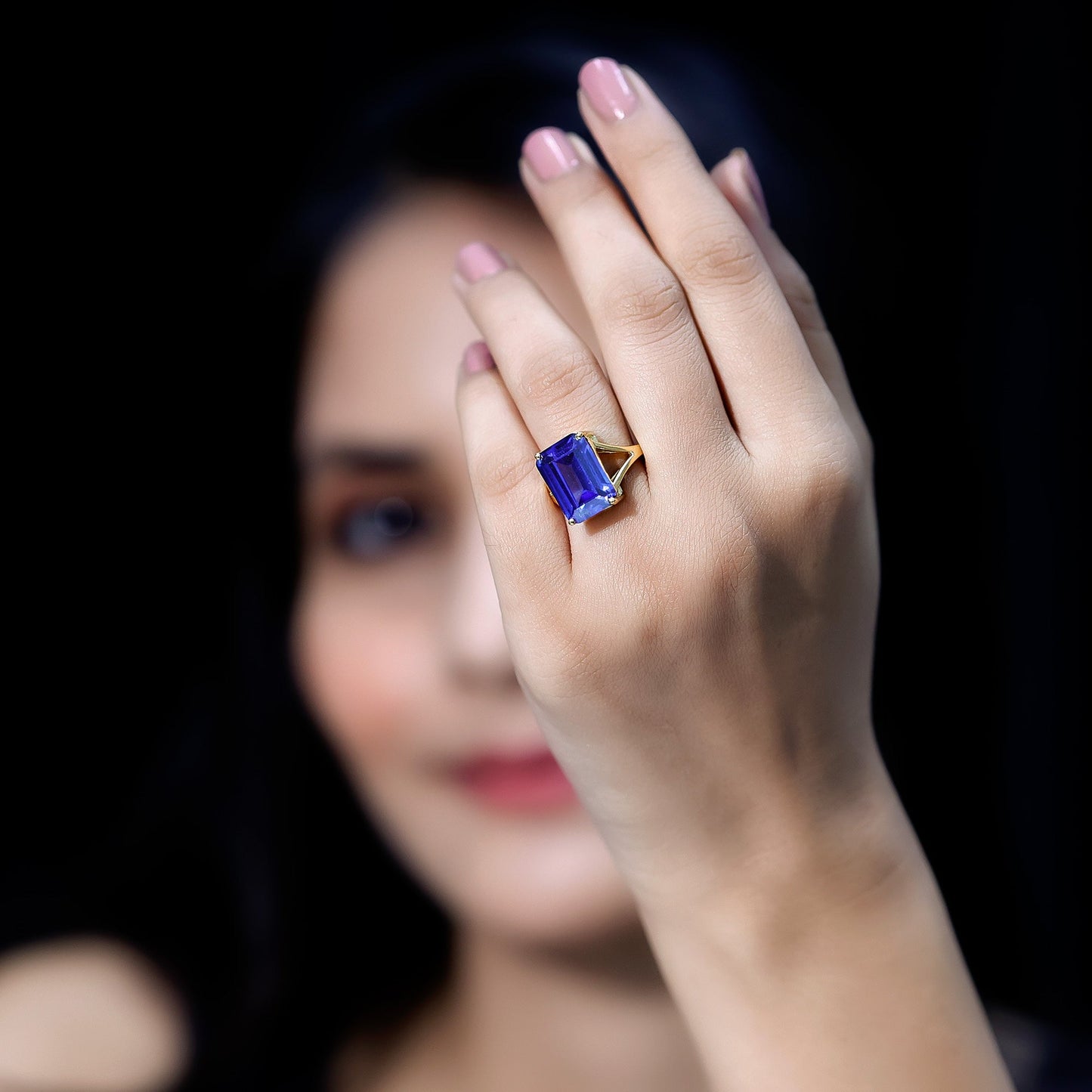 8 Carat Lab Created Tanzanite Emerald Cut Engagement Ring with Split Shank