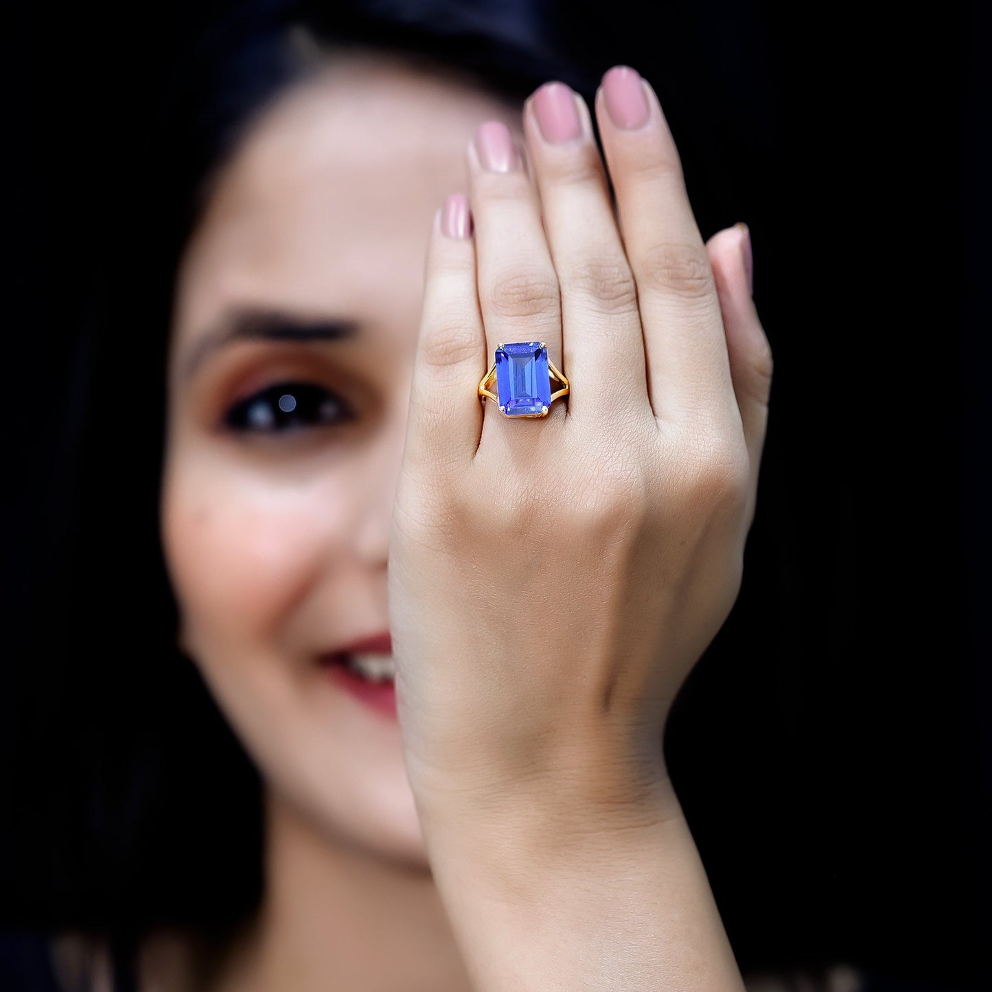 8 Carat Lab Created Tanzanite Emerald Cut Engagement Ring with Split Shank