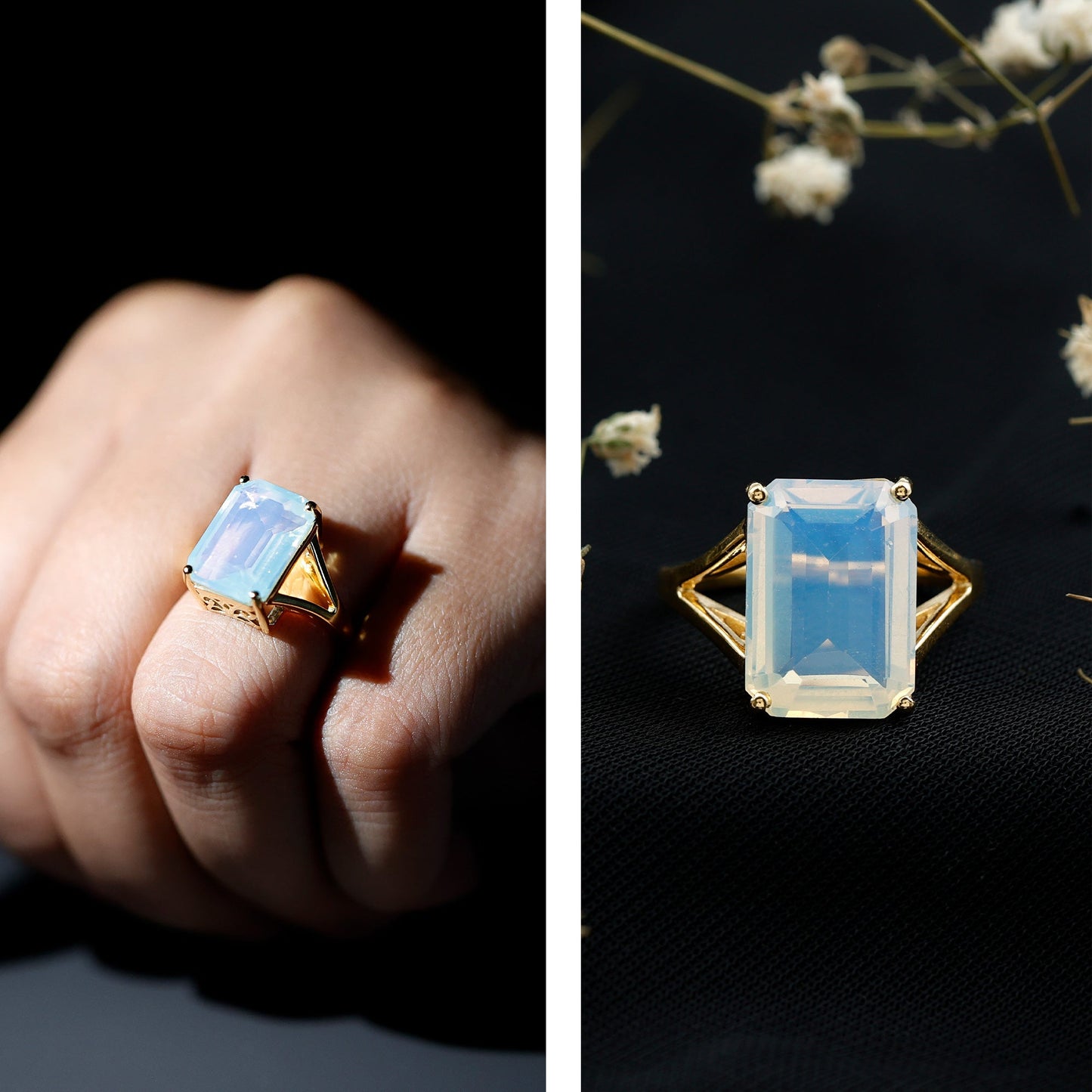 Certified 8 Carat Emerald Cut Lab Created Ethiopian Opal Engagement Ring in Silver