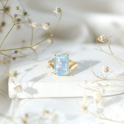 Certified 8 Carat Emerald Cut Lab Created Ethiopian Opal Engagement Ring in Silver