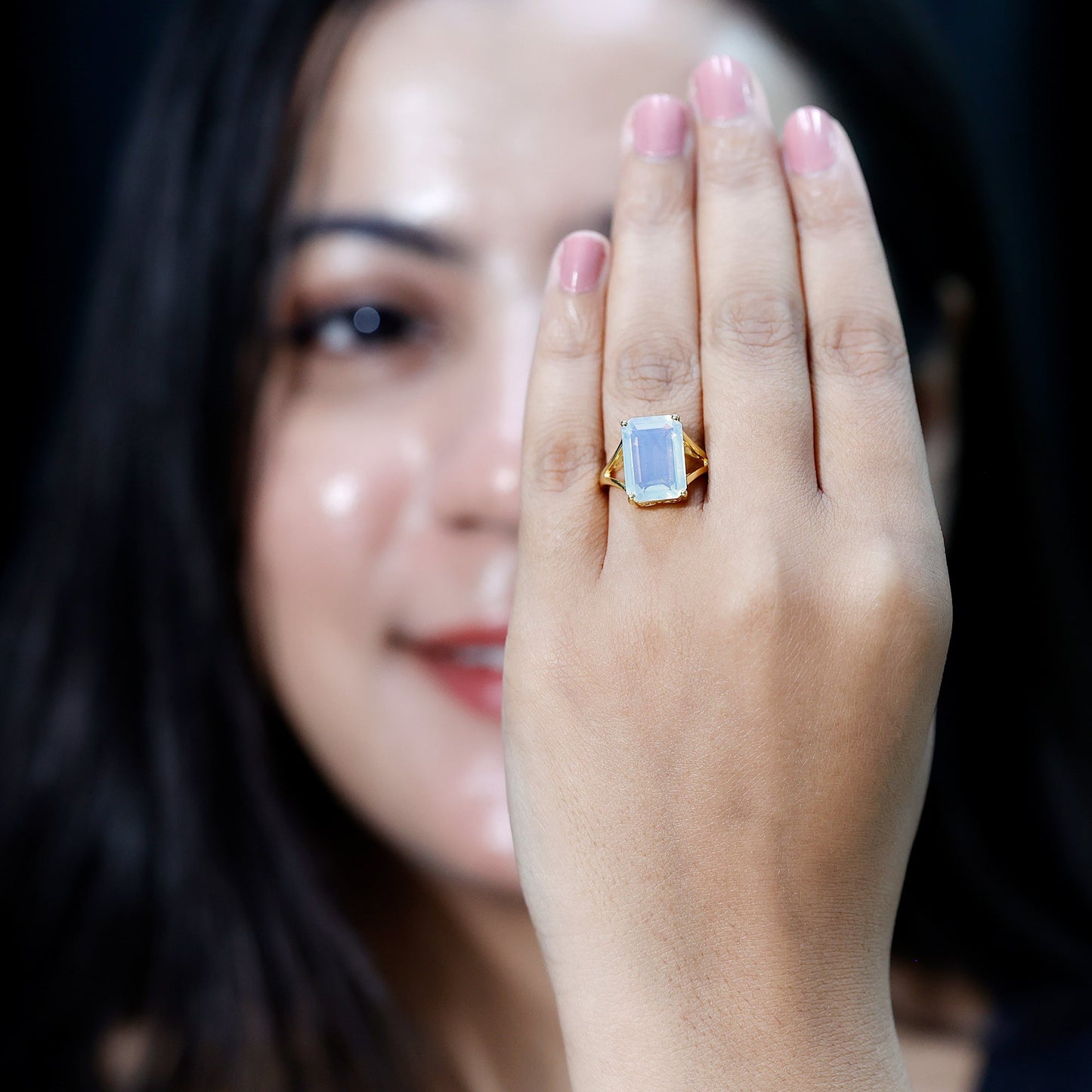 Certified 8 Carat Emerald Cut Lab Created Ethiopian Opal Engagement Ring in Silver