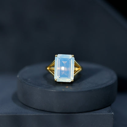 Certified 8 Carat Emerald Cut Lab Created Ethiopian Opal Engagement Ring in Silver