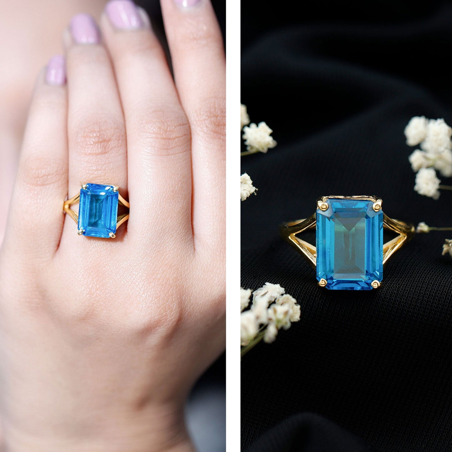 8 Carat Lab Grown London Blue Topaz Emerald Cut Engagement Ring in Silver