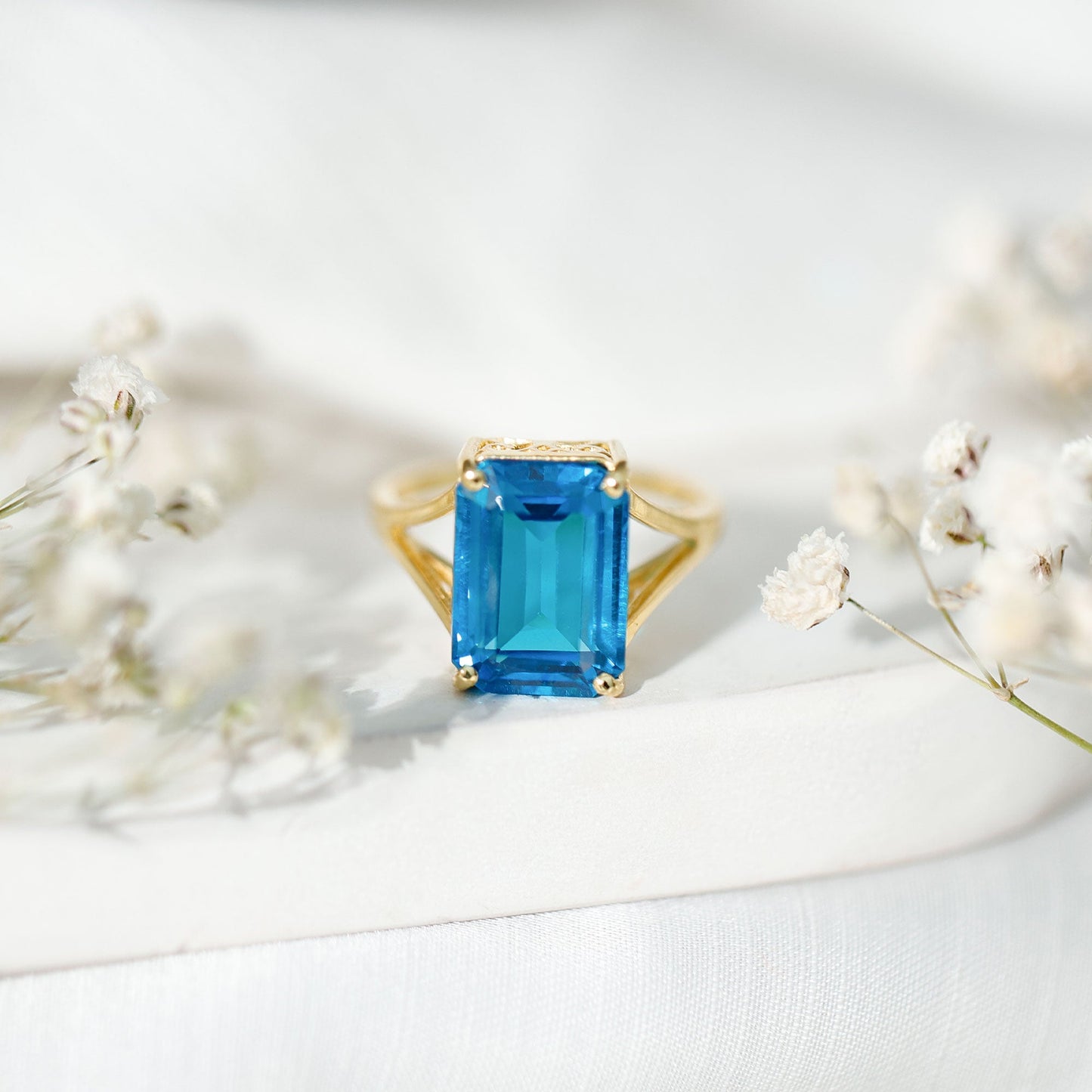 8 Carat Lab Grown London Blue Topaz Emerald Cut Engagement Ring in Silver