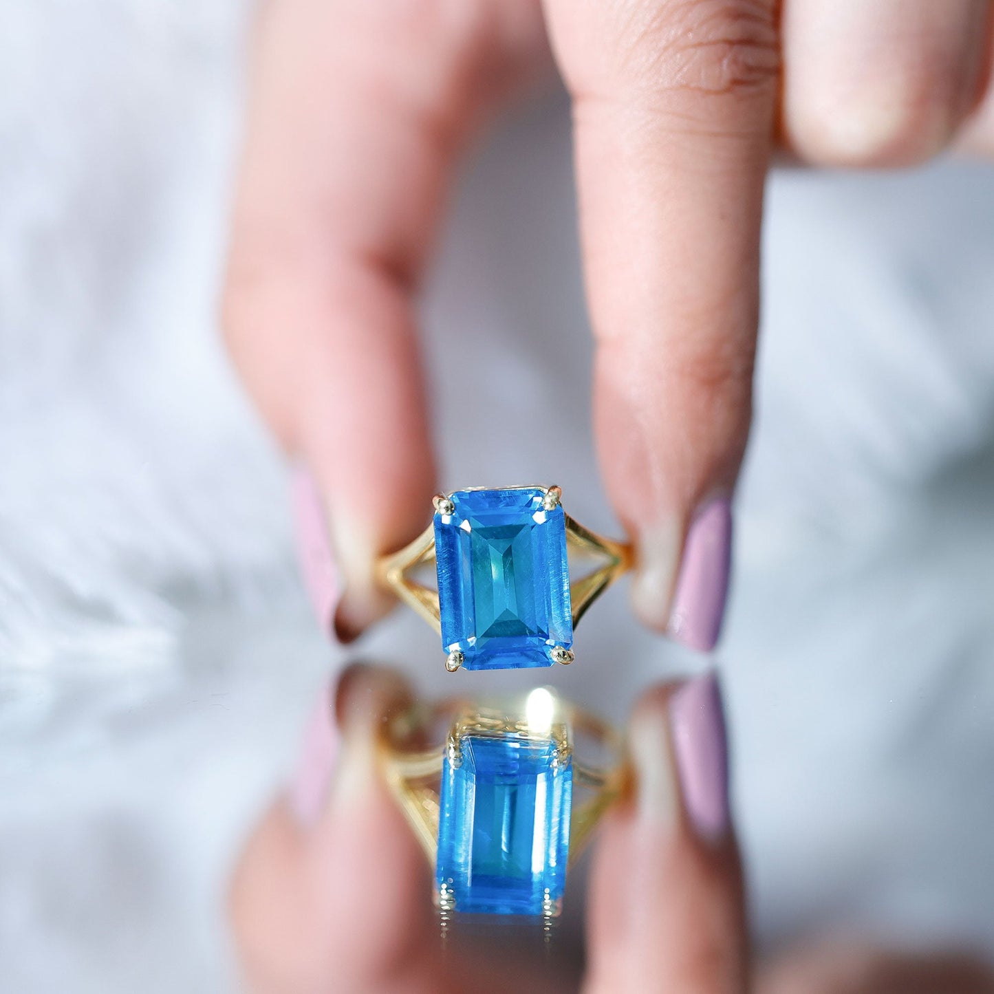 8 Carat Lab Grown London Blue Topaz Emerald Cut Engagement Ring in Silver
