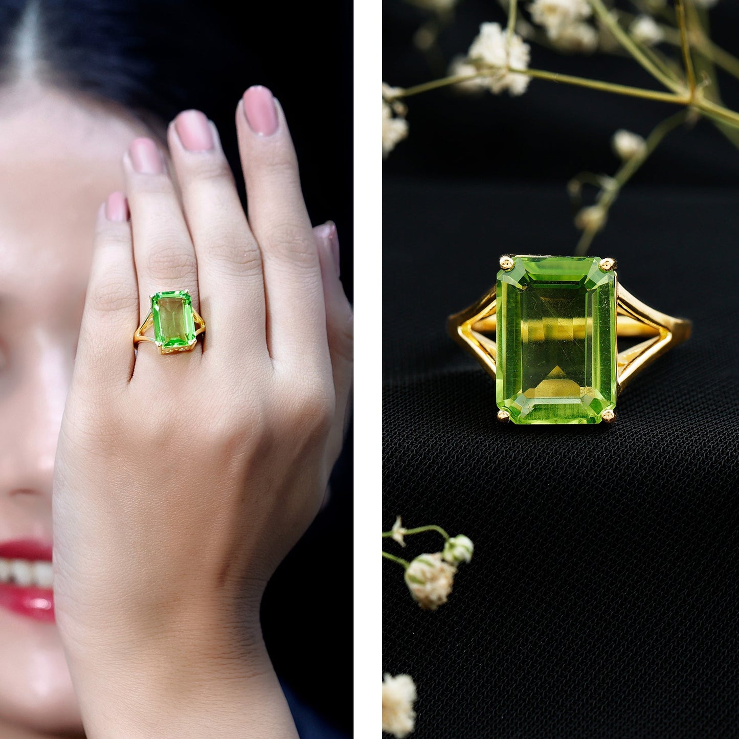 8 Carat Lab Created Peridot Emerald Cut Engagement Ring with Split Shank