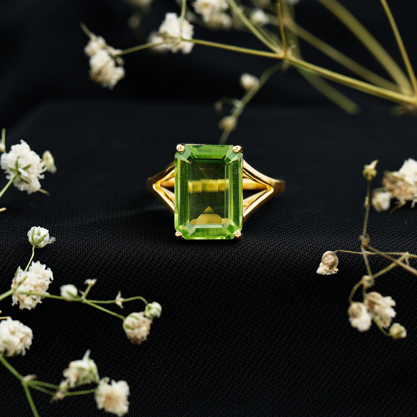 8 Carat Lab Created Peridot Emerald Cut Engagement Ring with Split Shank