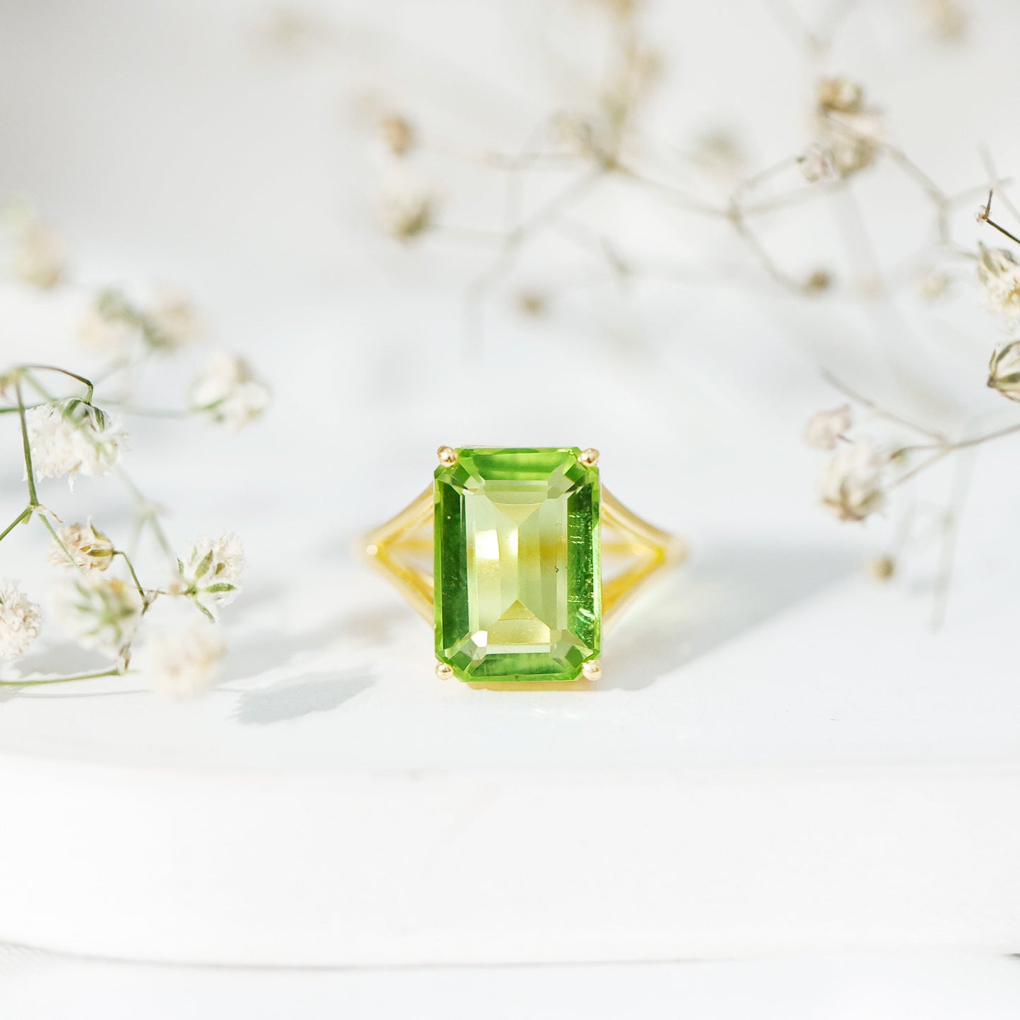 8 Carat Lab Created Peridot Emerald Cut Engagement Ring with Split Shank