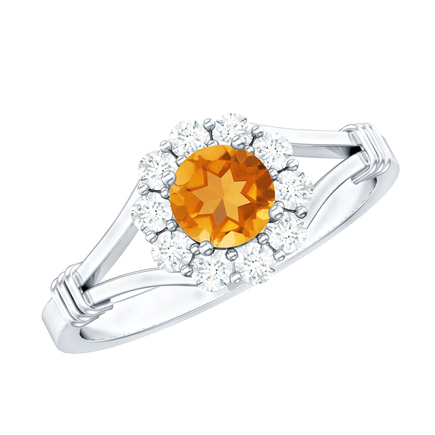 Genuine Citrine Diamond Flower Engagement Ring with Split Shank