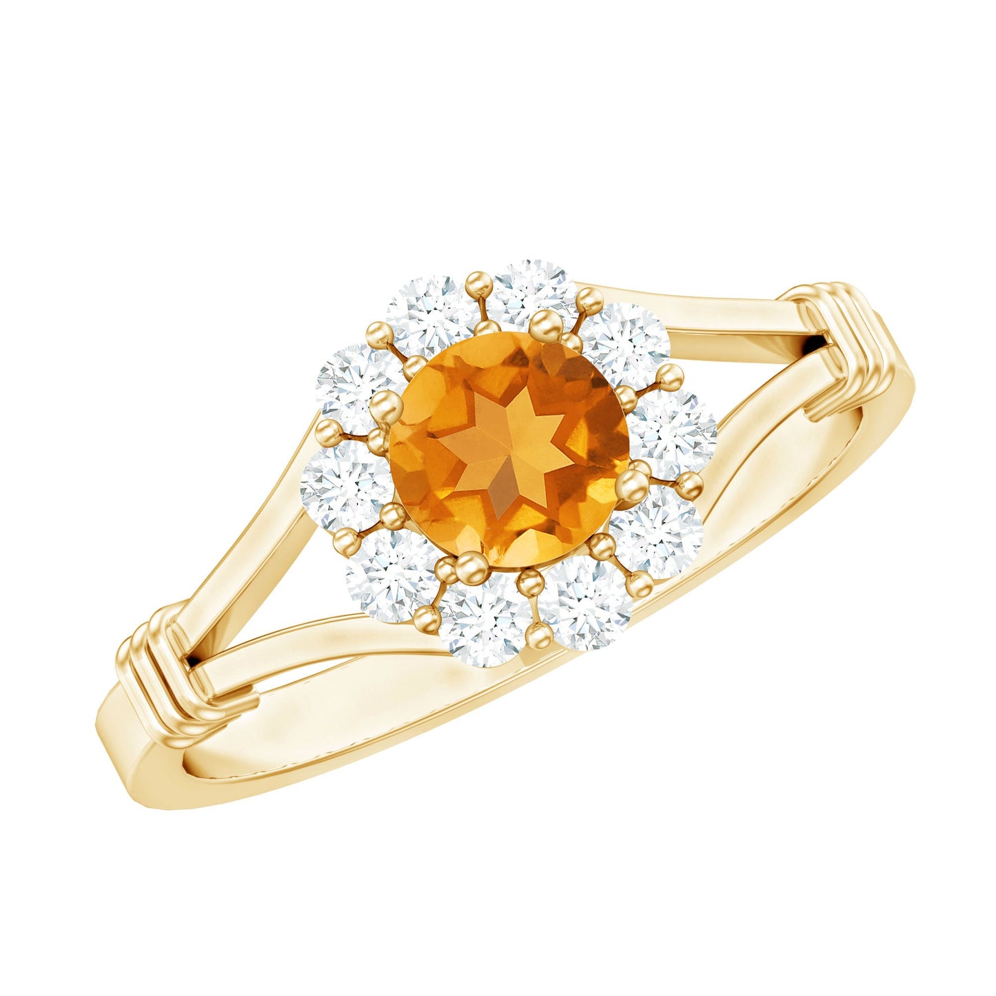 Genuine Citrine Diamond Flower Engagement Ring with Split Shank