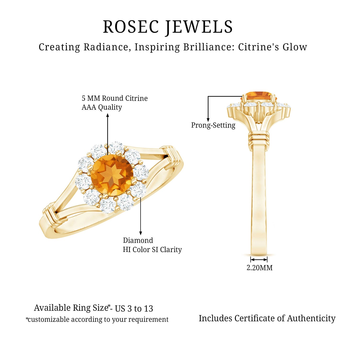 Genuine Citrine Diamond Flower Engagement Ring with Split Shank
