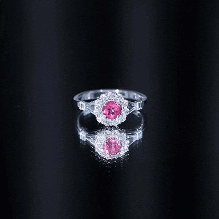 Real Pink Tourmaline and Diamond Engagement Ring in Split Shank